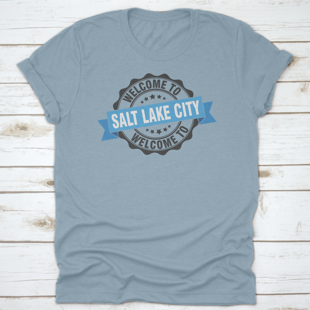 A trendy Salt Lake City T-shirt featuring a stylish stamp design, made from soft cotton fabric.