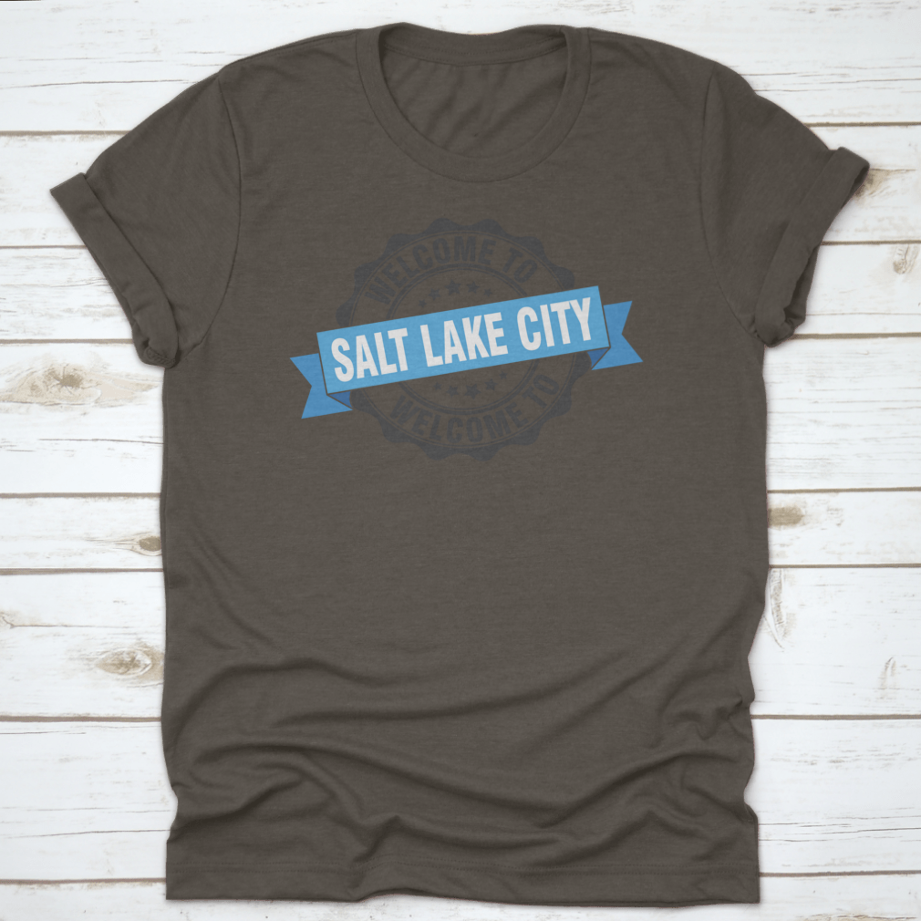 A trendy Salt Lake City T-shirt featuring a stylish stamp design, made from soft cotton fabric.