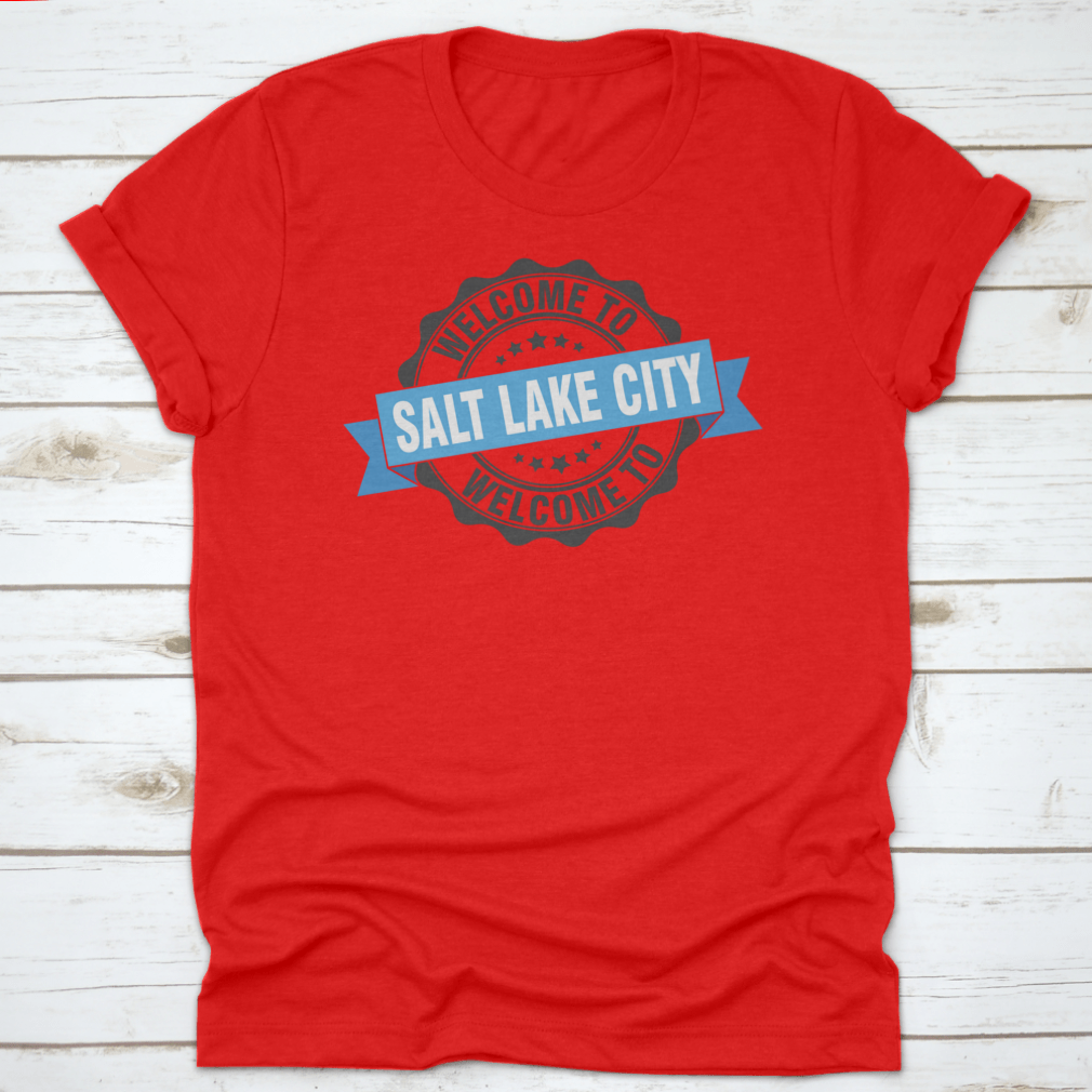 A trendy Salt Lake City T-shirt featuring a stylish stamp design, made from soft cotton fabric.