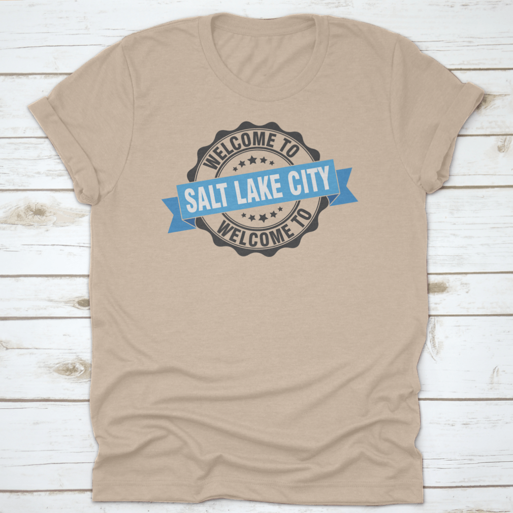 A trendy Salt Lake City T-shirt featuring a stylish stamp design, made from soft cotton fabric.