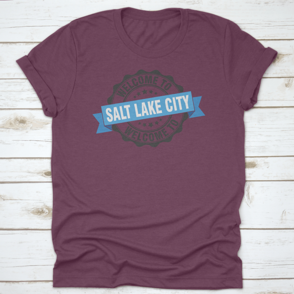 A trendy Salt Lake City T-shirt featuring a stylish stamp design, made from soft cotton fabric.