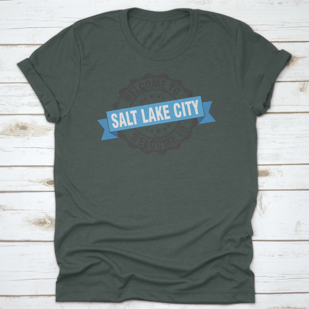 A trendy Salt Lake City T-shirt featuring a stylish stamp design, made from soft cotton fabric.