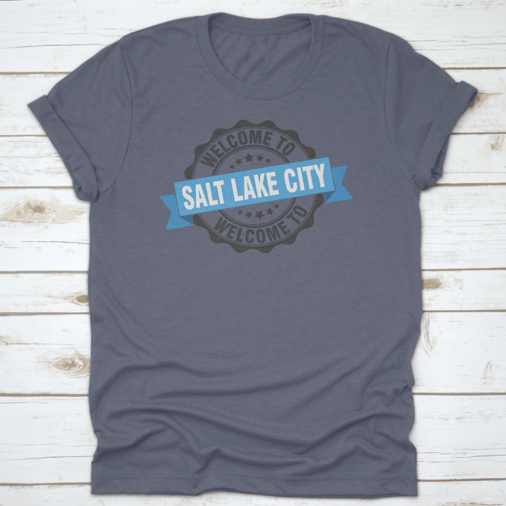 A trendy Salt Lake City T-shirt featuring a stylish stamp design, made from soft cotton fabric.