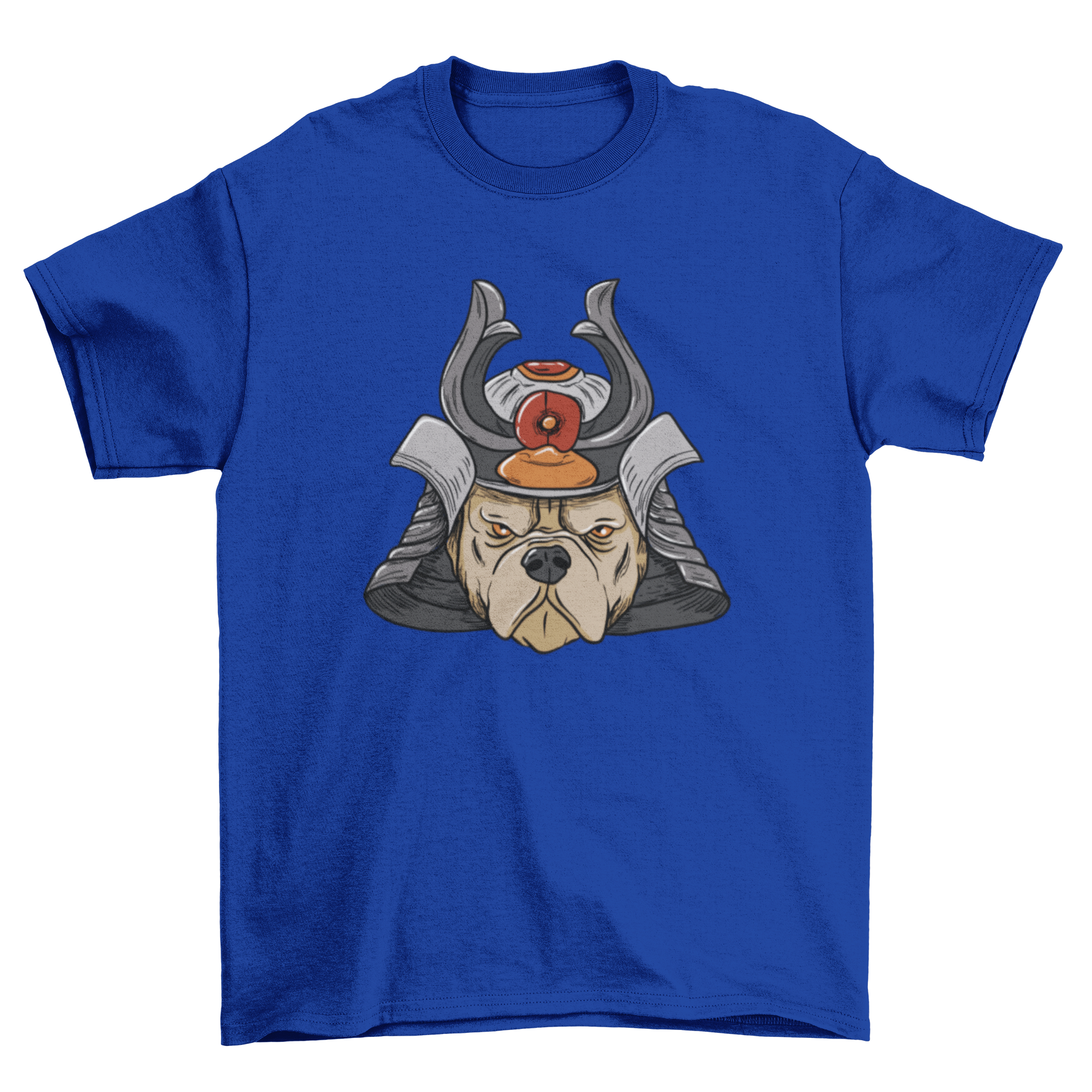 A stylish t-shirt featuring a bulldog in Samurai armor, showcasing a unique design.