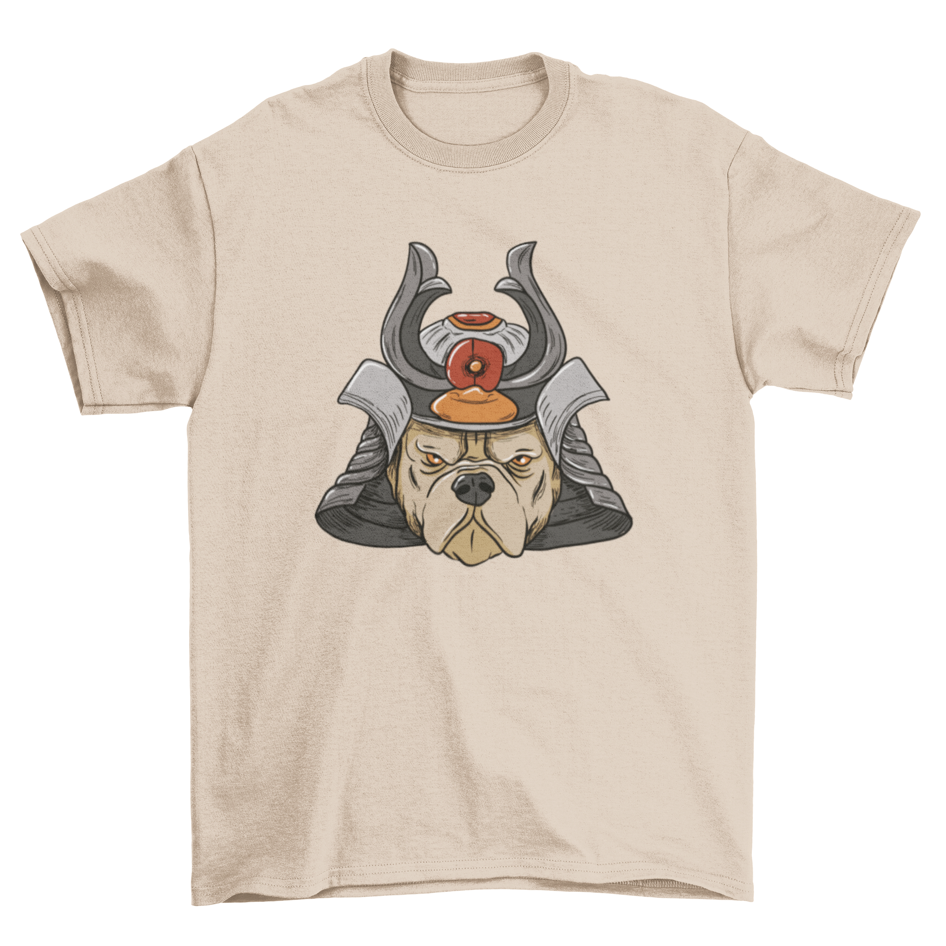 A stylish t-shirt featuring a bulldog in Samurai armor, showcasing a unique design.