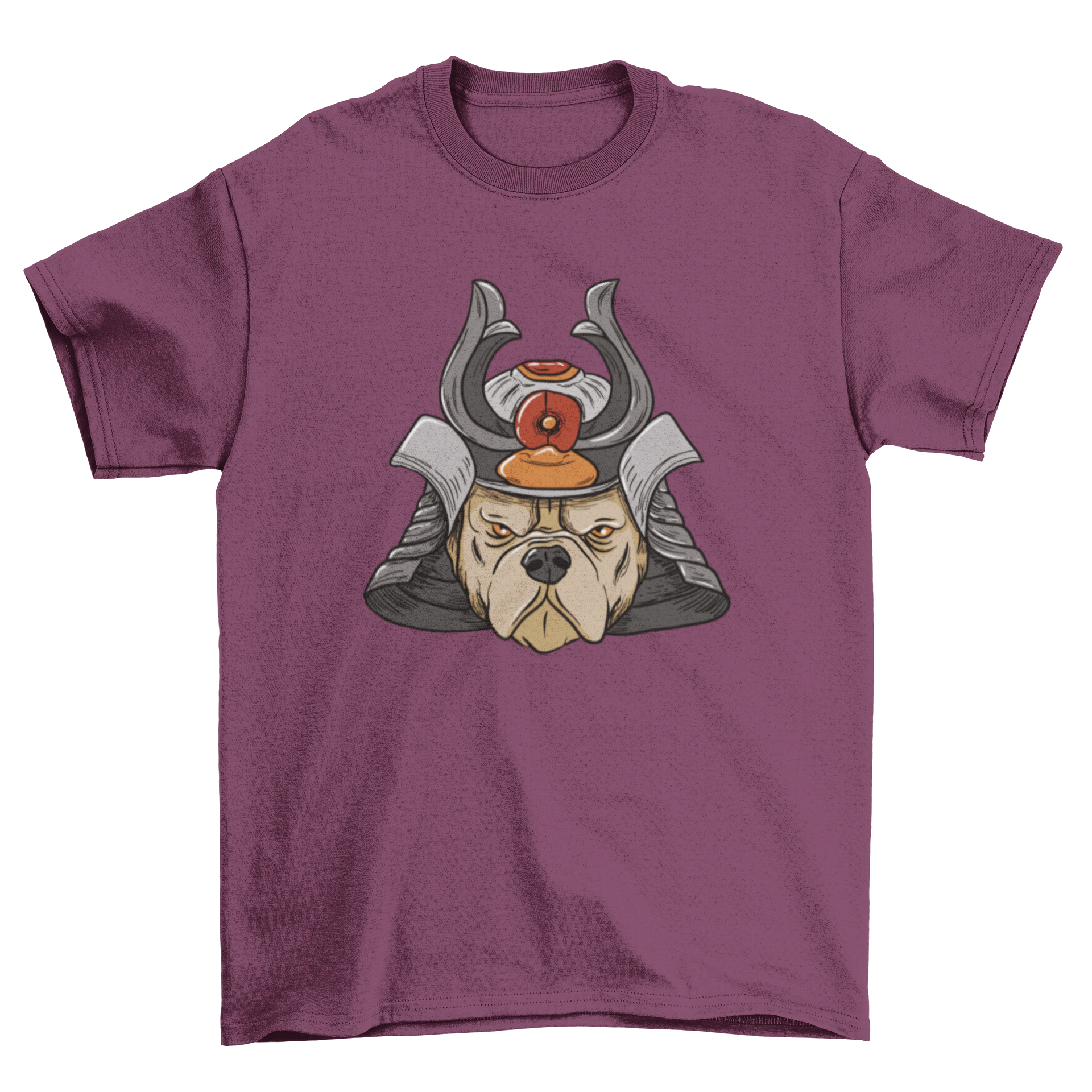 A stylish t-shirt featuring a bulldog in Samurai armor, showcasing a unique design.