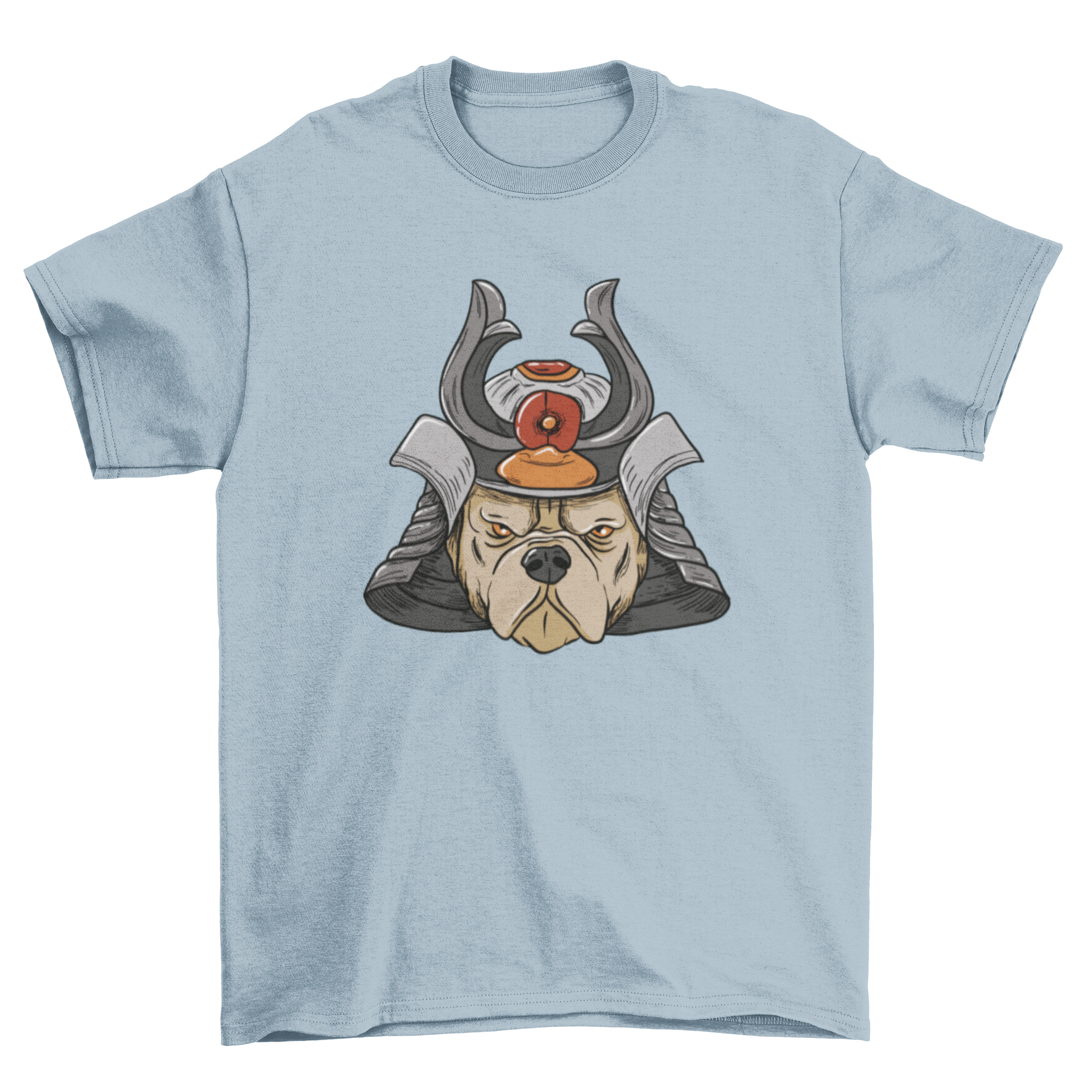A stylish t-shirt featuring a bulldog in Samurai armor, showcasing a unique design.