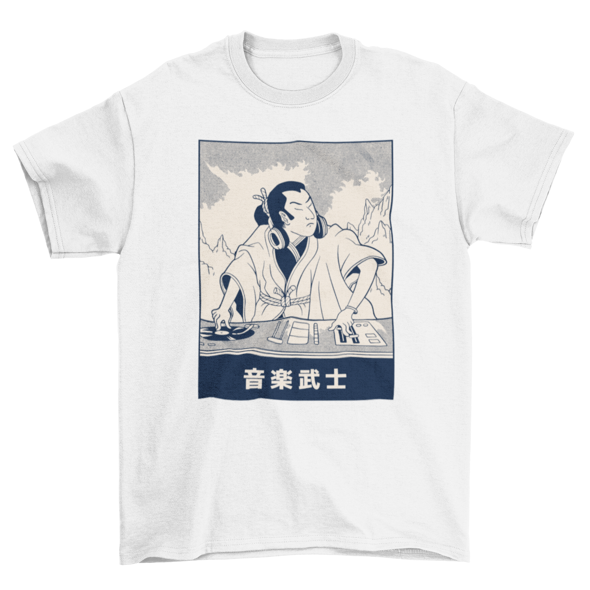Samurai DJ T-shirt featuring a vibrant illustration of a DJ samurai with Japanese characters.
