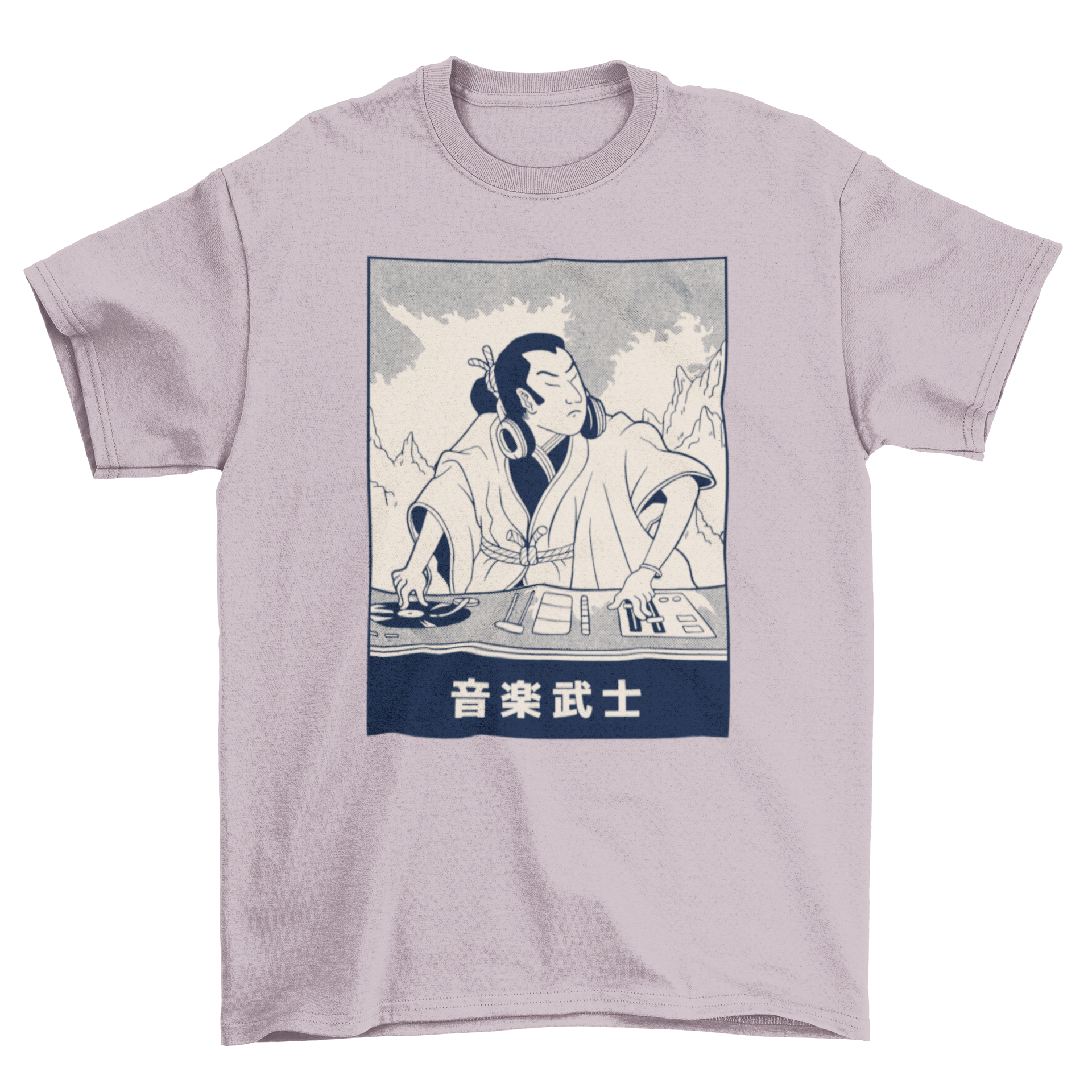 Samurai DJ T-shirt featuring a vibrant illustration of a DJ samurai with Japanese characters.