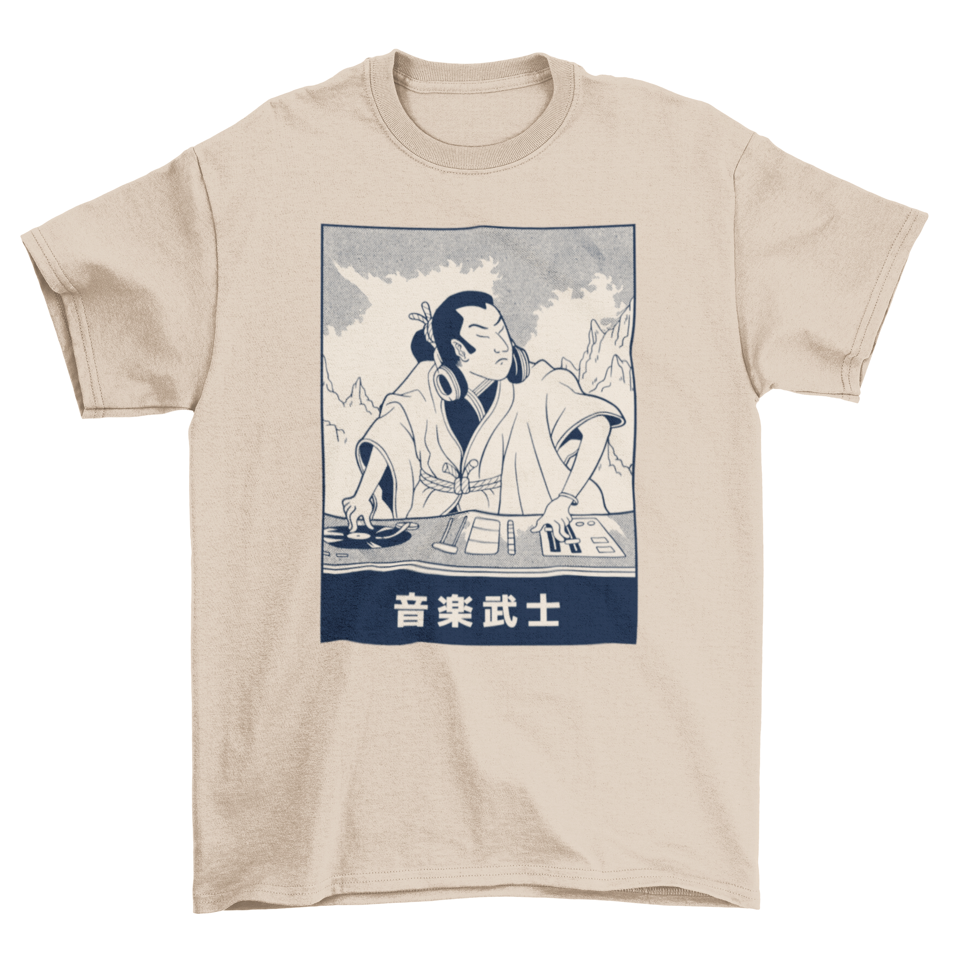 Samurai DJ T-shirt featuring a vibrant illustration of a DJ samurai with Japanese characters.