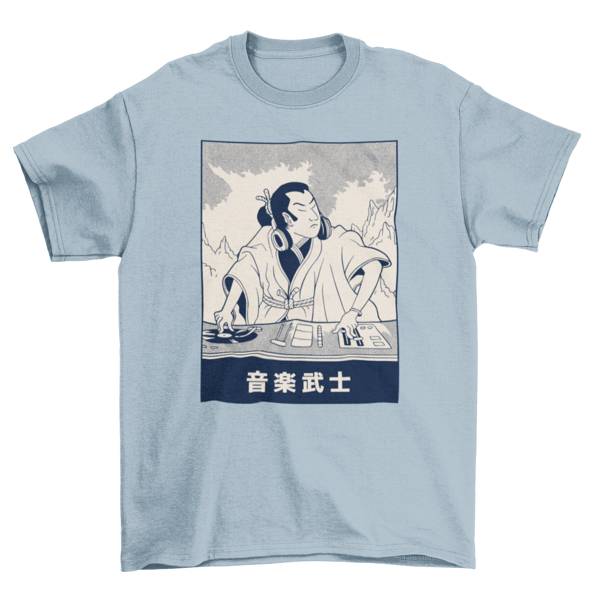 Samurai DJ T-shirt featuring a vibrant illustration of a DJ samurai with Japanese characters.