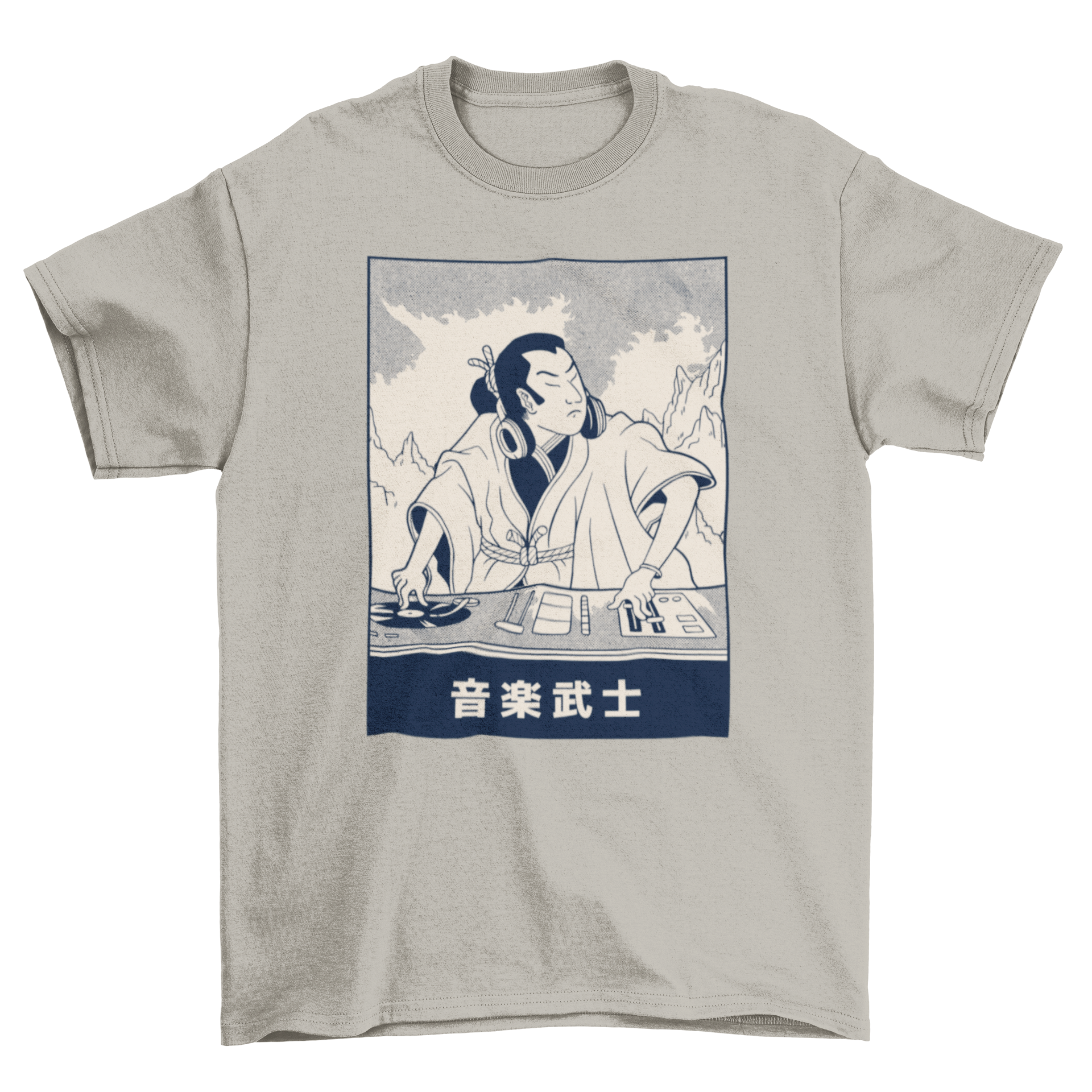 Samurai DJ T-shirt featuring a vibrant illustration of a DJ samurai with Japanese characters.