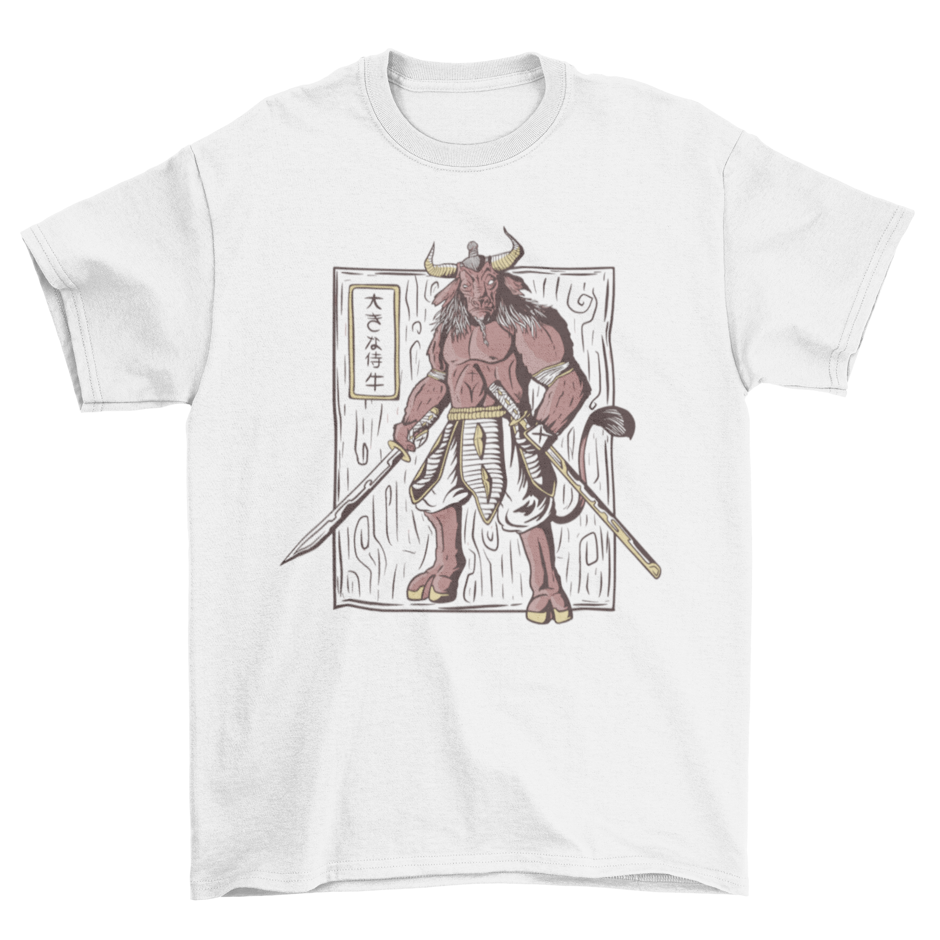 A stylish t-shirt featuring a vibrant design of an ox dressed as a samurai, showcasing intricate details and colors.