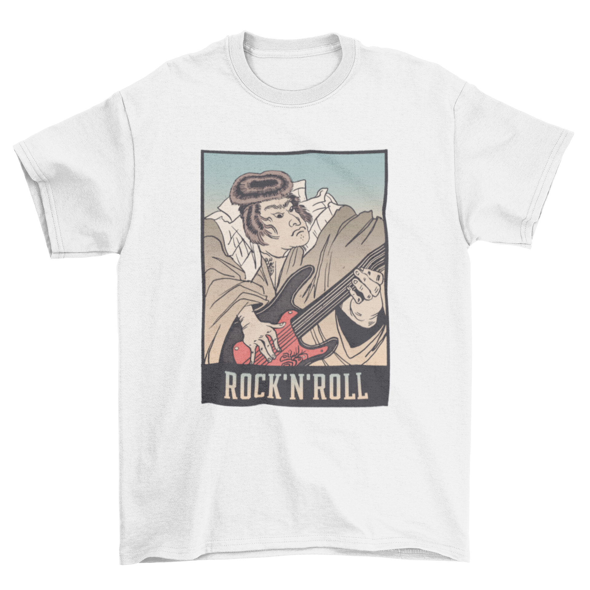 A stylish t-shirt featuring a samurai playing guitar with the quote 'Rock and Roll', showcasing a unique blend of culture and music.