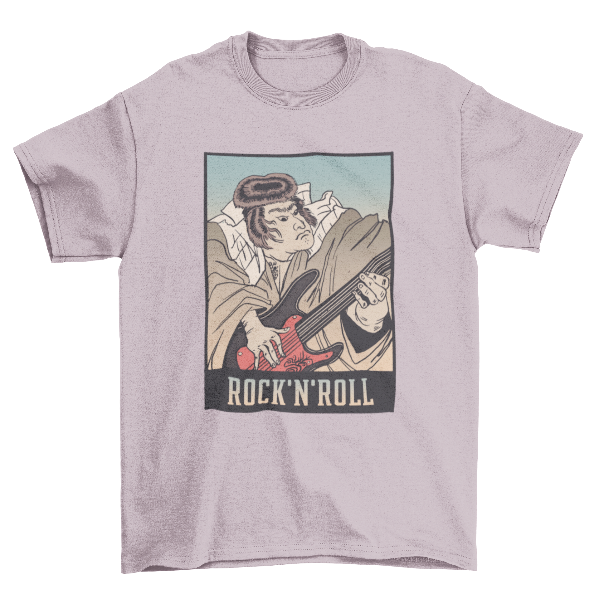 A stylish t-shirt featuring a samurai playing guitar with the quote 'Rock and Roll', showcasing a unique blend of culture and music.
