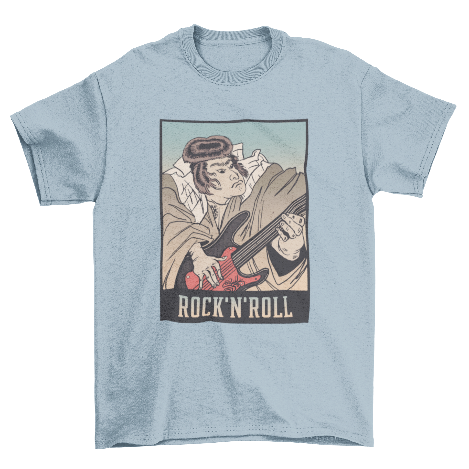 A stylish t-shirt featuring a samurai playing guitar with the quote 'Rock and Roll', showcasing a unique blend of culture and music.