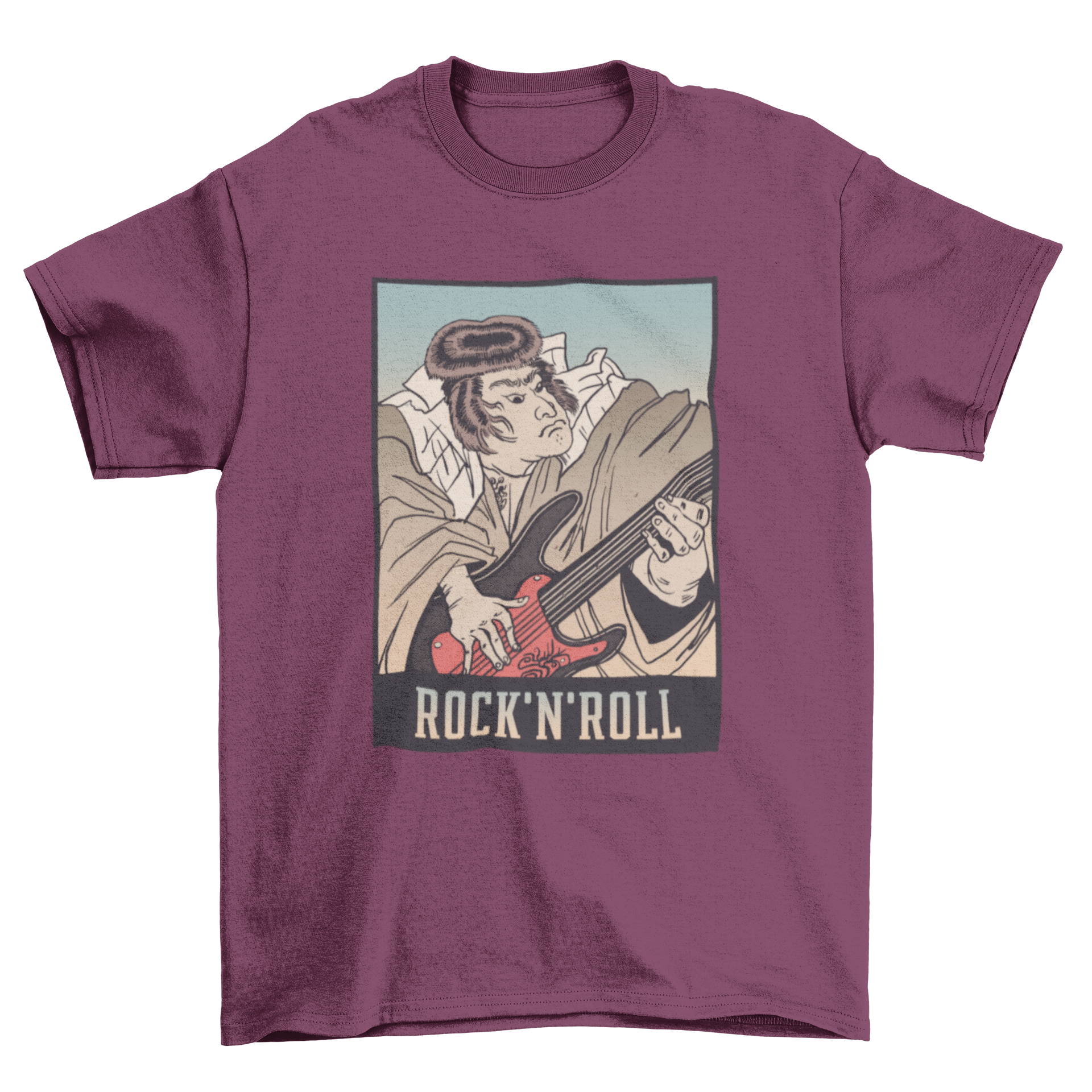 A stylish t-shirt featuring a samurai playing guitar with the quote 'Rock and Roll', showcasing a unique blend of culture and music.