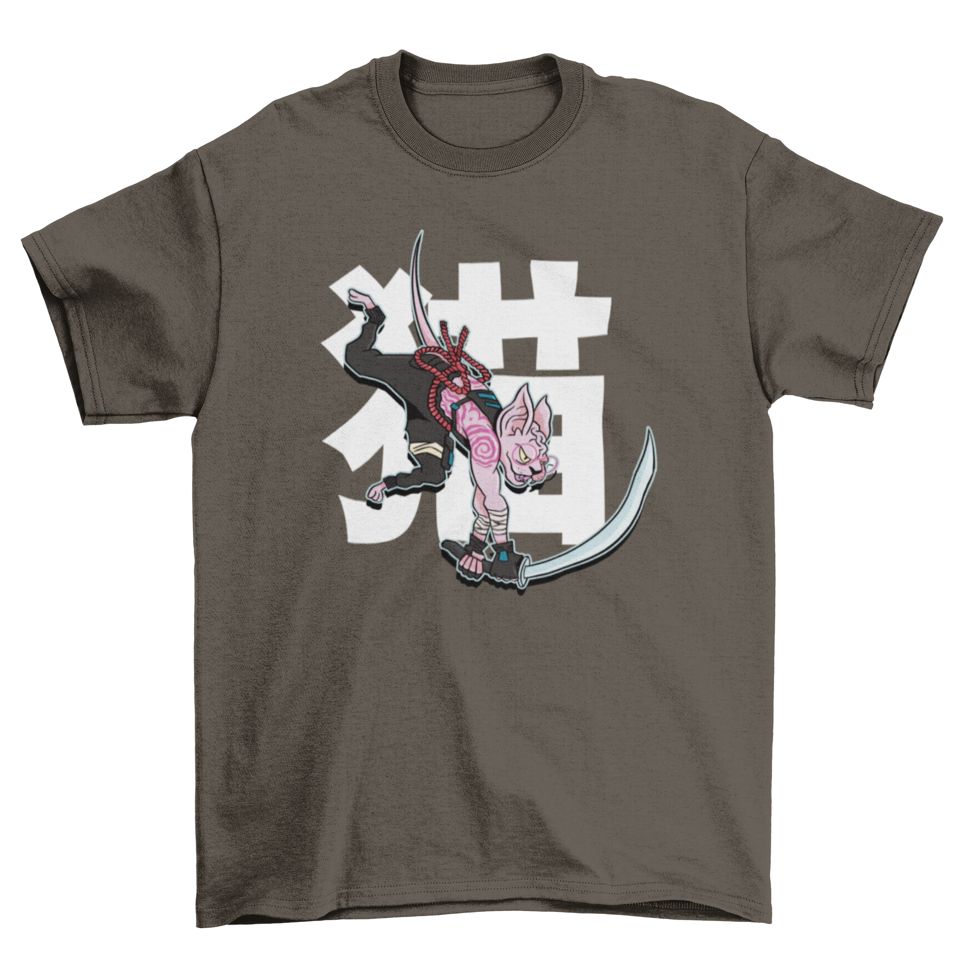 A stylish t-shirt featuring a sphynx cat dressed in samurai clothing, holding a katana sword, perfect for cat lovers.