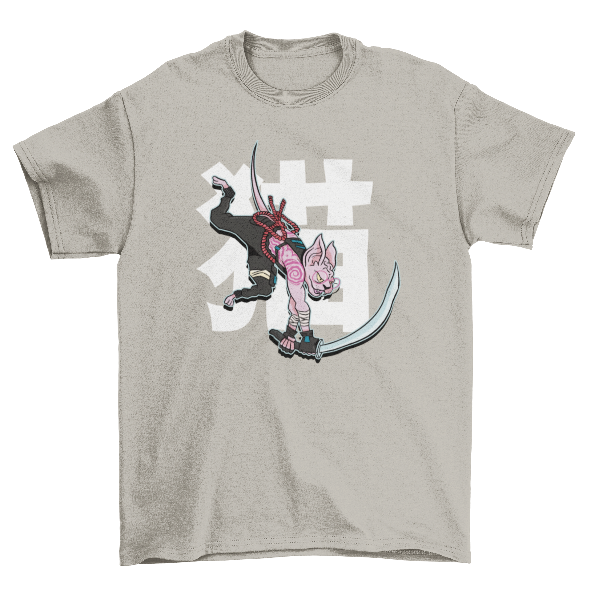 A stylish t-shirt featuring a sphynx cat dressed in samurai clothing, holding a katana sword, perfect for cat lovers.