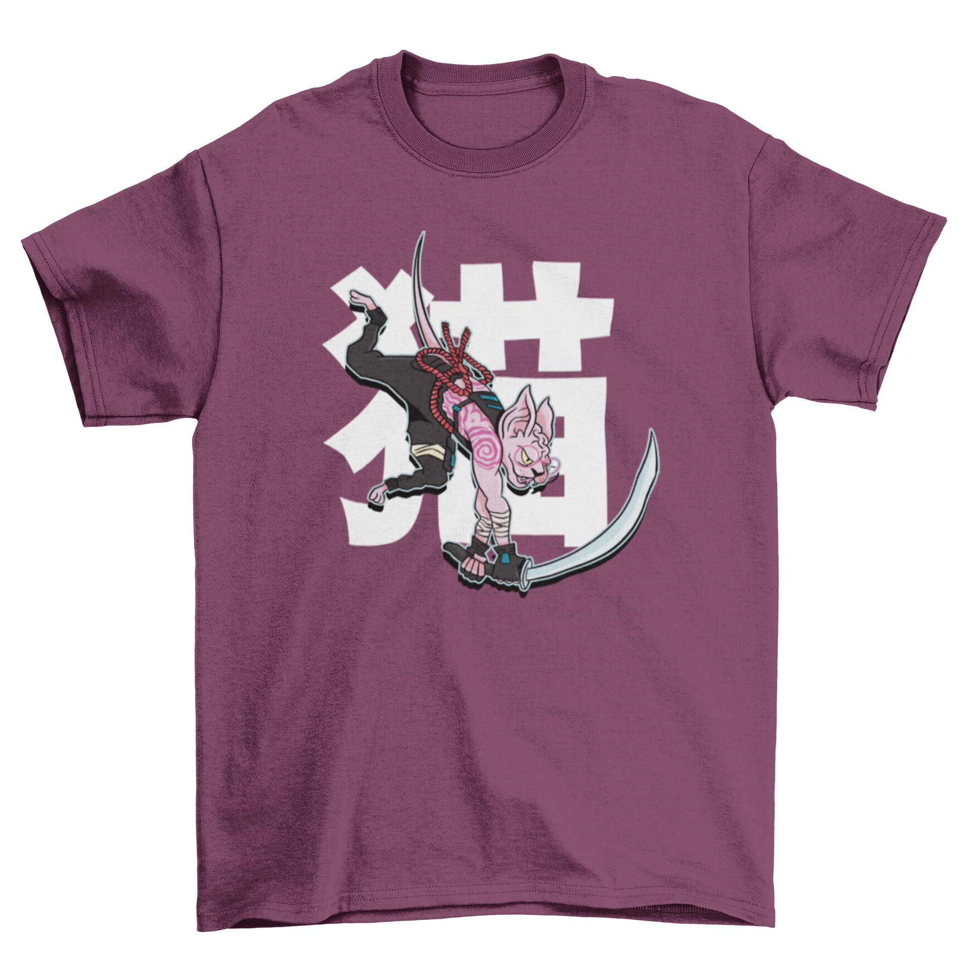 A stylish t-shirt featuring a sphynx cat dressed in samurai clothing, holding a katana sword, perfect for cat lovers.