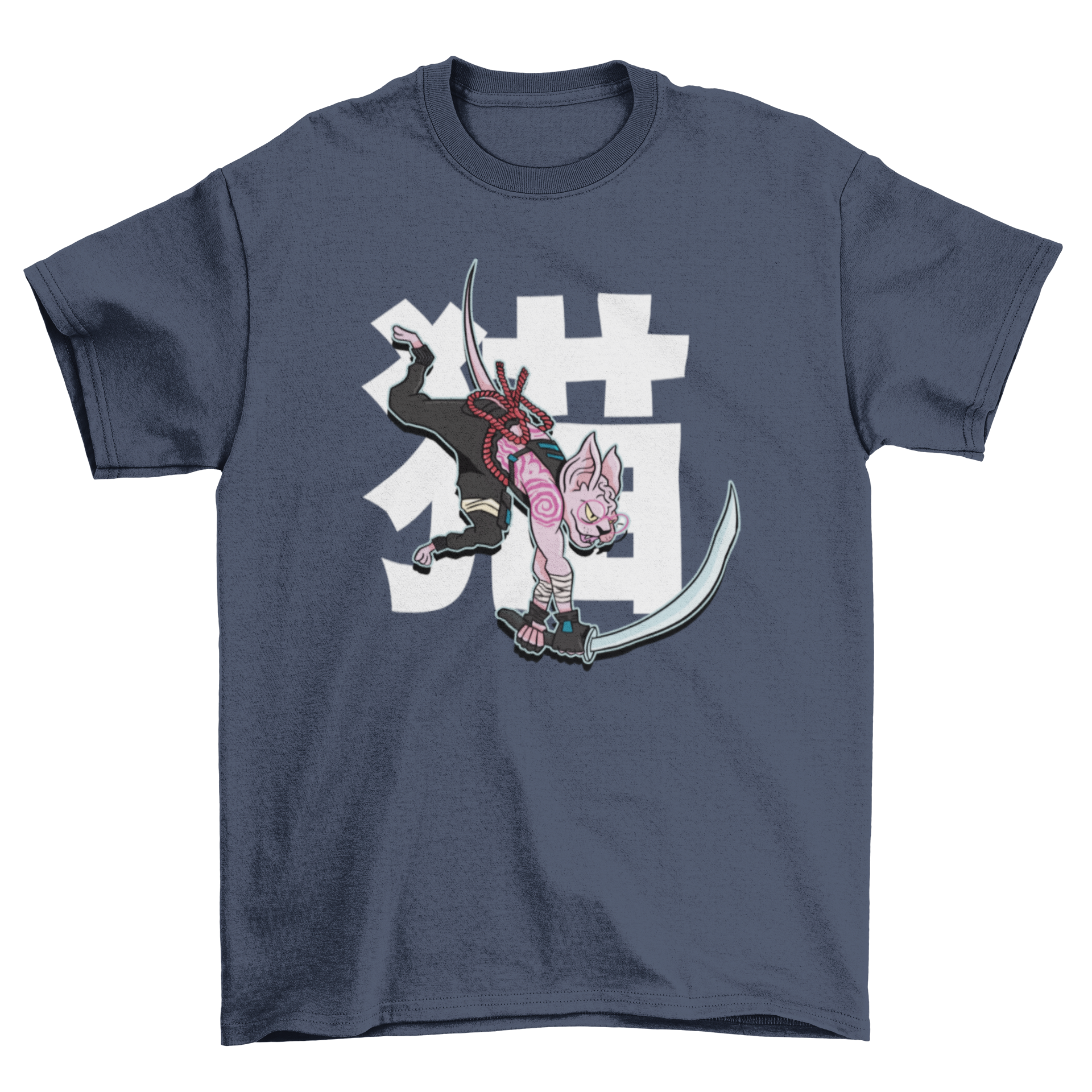 A stylish t-shirt featuring a sphynx cat dressed in samurai clothing, holding a katana sword, perfect for cat lovers.