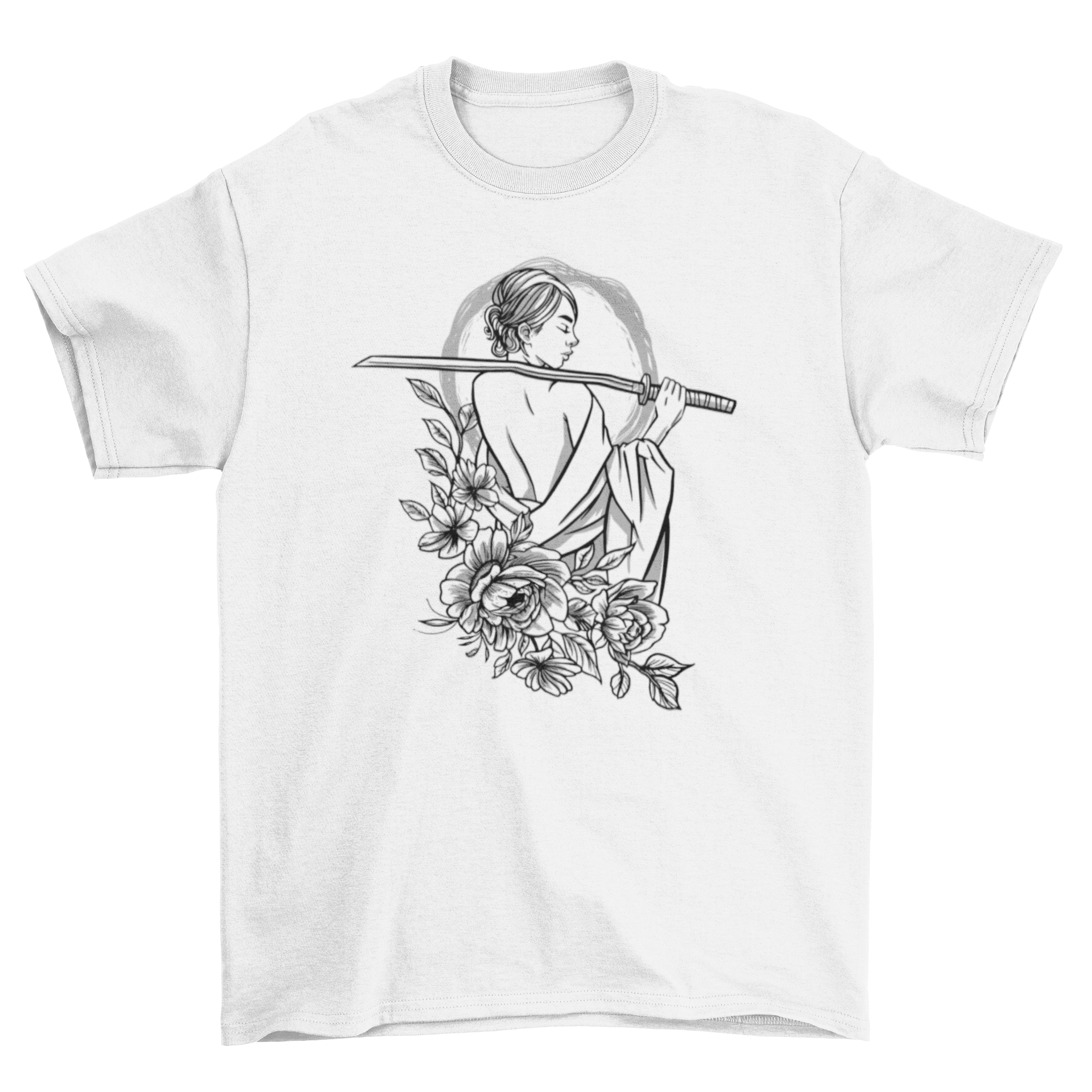 A stylish t-shirt featuring a fierce woman with a sword surrounded by colorful flowers, showcasing a blend of strength and beauty.