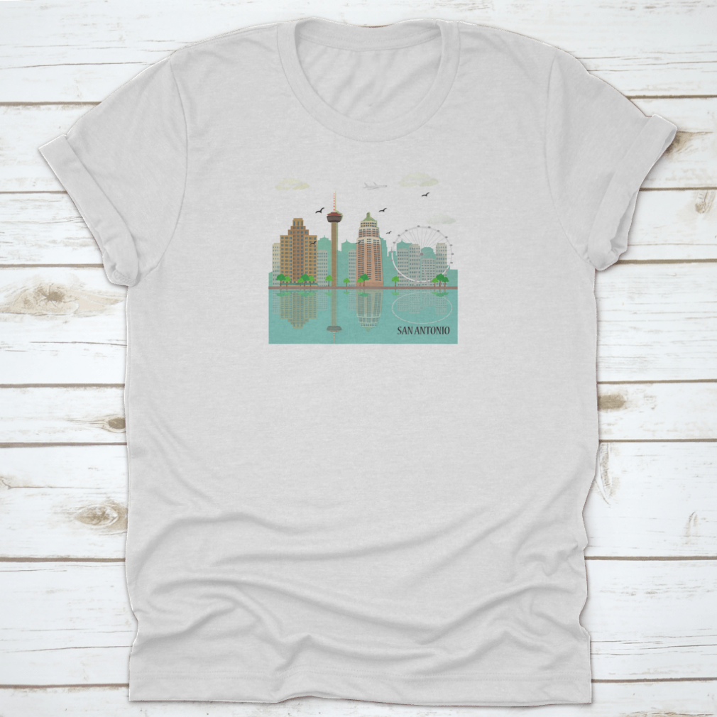 San Antonio City Skyline graphic design on a comfortable cotton T-shirt, showcasing famous landmarks.
