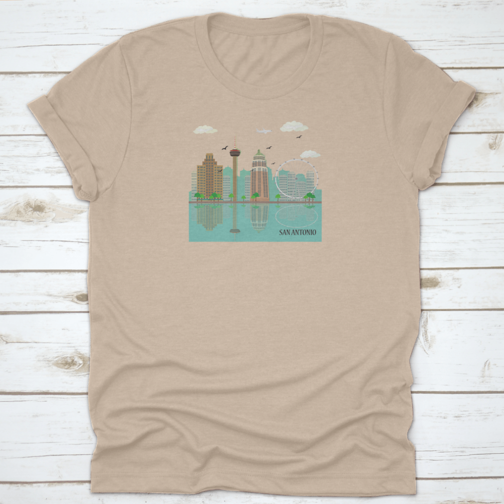 San Antonio City Skyline graphic design on a comfortable cotton T-shirt, showcasing famous landmarks.