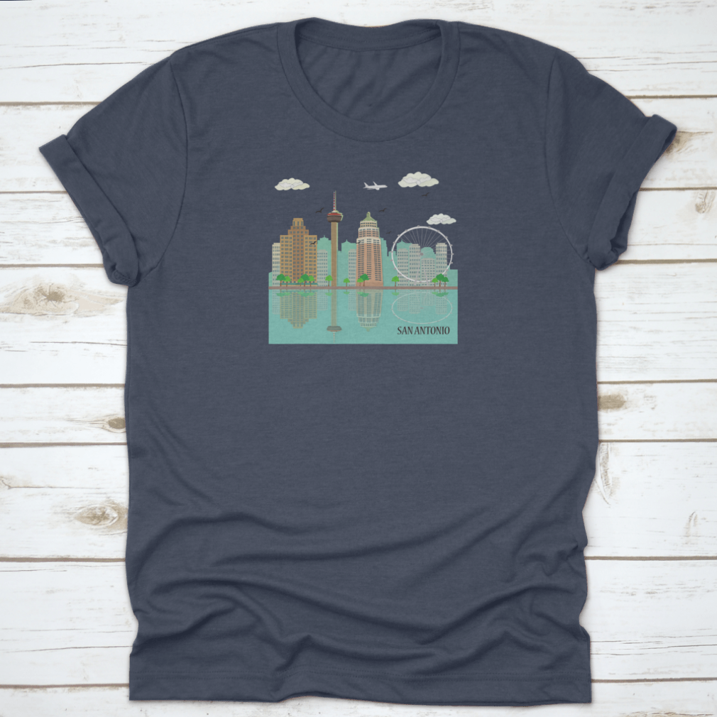 San Antonio City Skyline graphic design on a comfortable cotton T-shirt, showcasing famous landmarks.