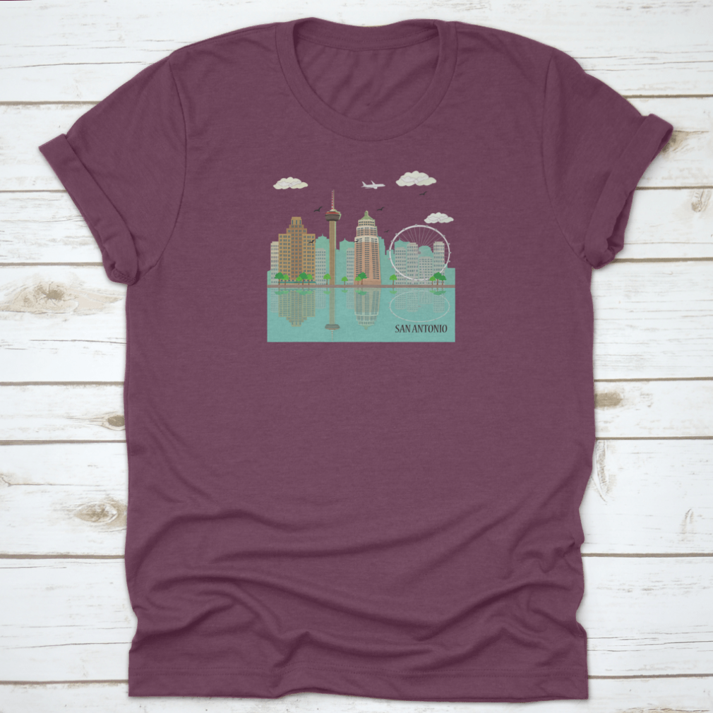 San Antonio City Skyline graphic design on a comfortable cotton T-shirt, showcasing famous landmarks.
