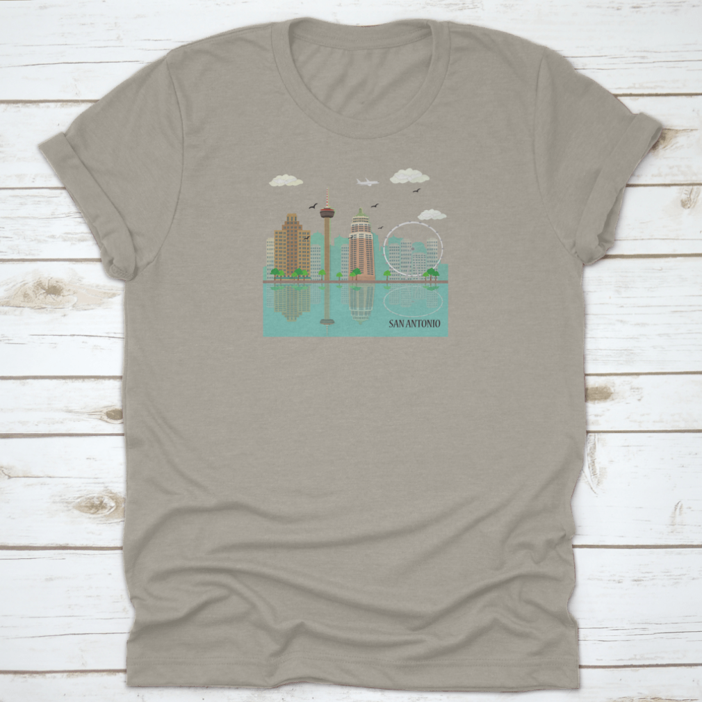 San Antonio City Skyline graphic design on a comfortable cotton T-shirt, showcasing famous landmarks.