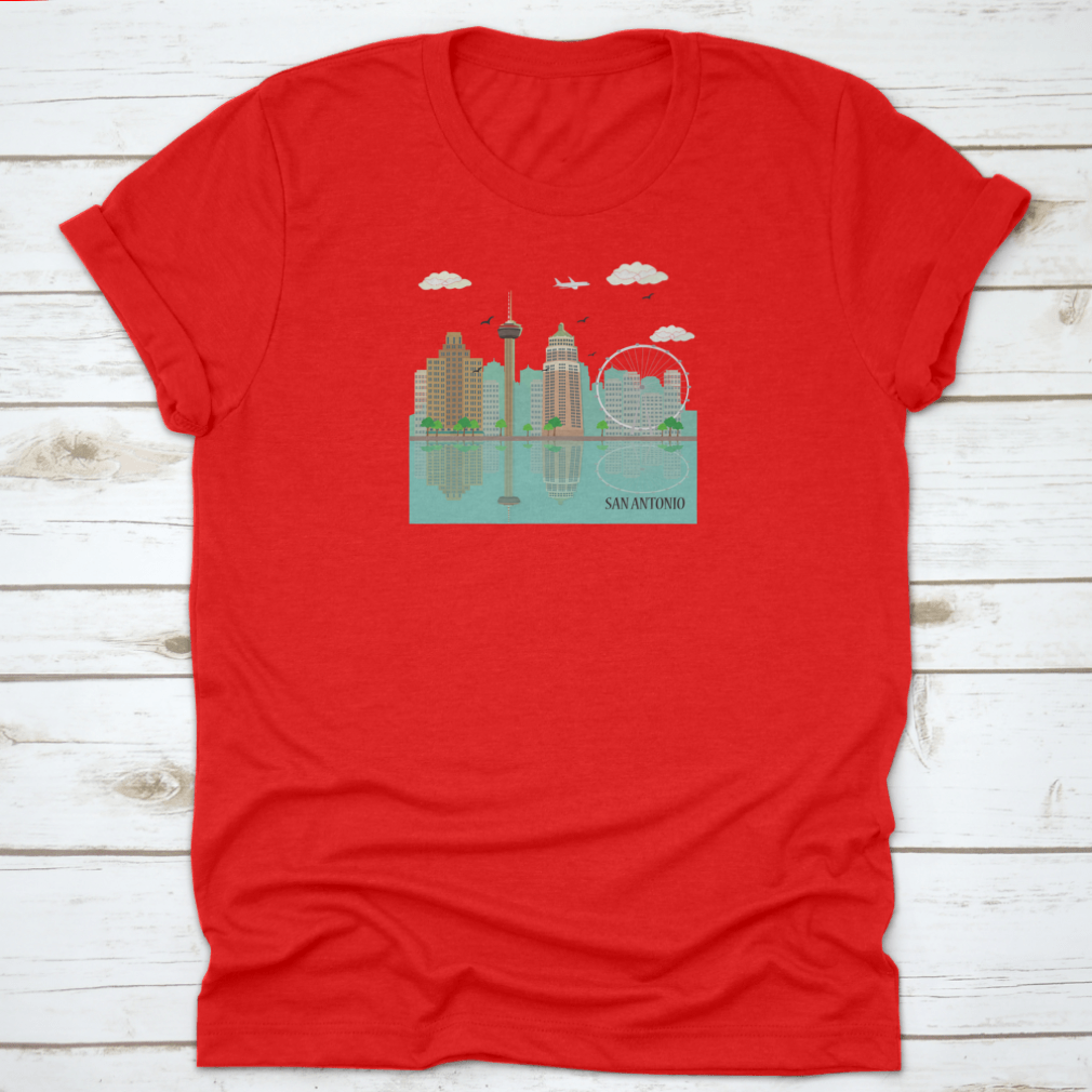 San Antonio City Skyline graphic design on a comfortable cotton T-shirt, showcasing famous landmarks.