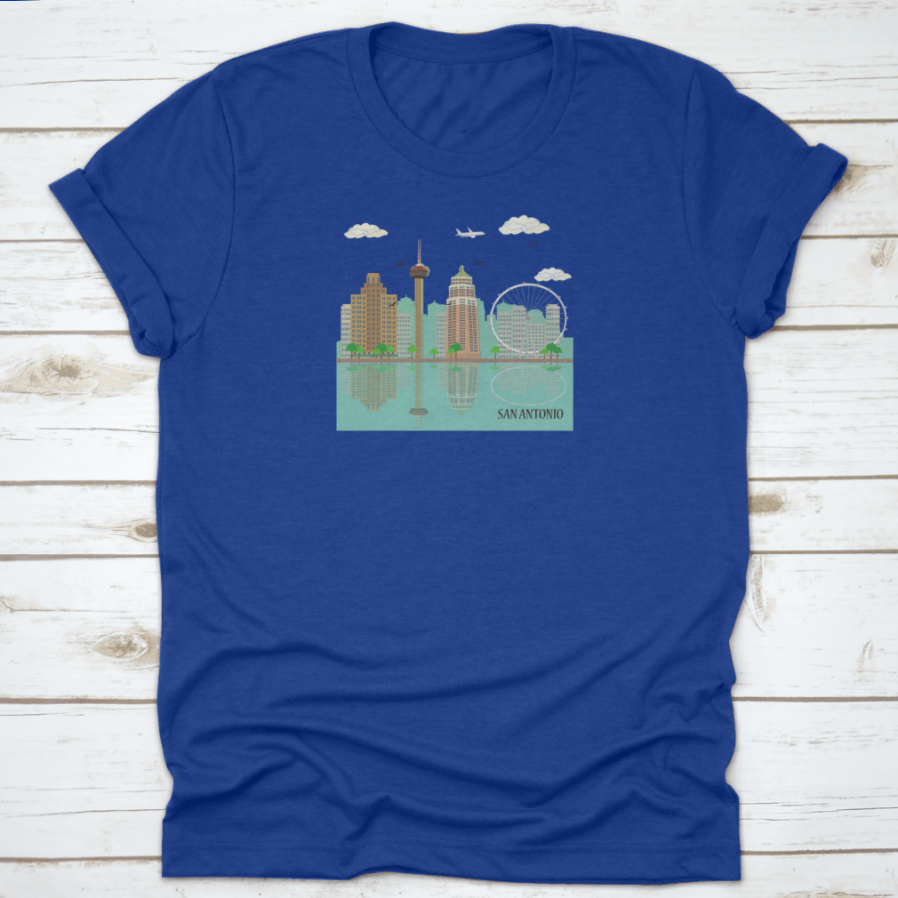 San Antonio City Skyline graphic design on a comfortable cotton T-shirt, showcasing famous landmarks.
