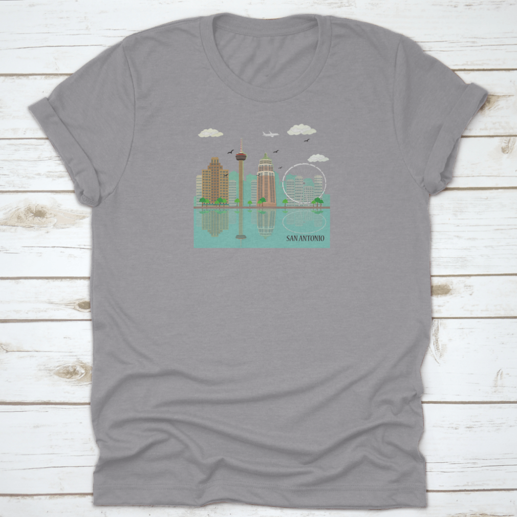 San Antonio City Skyline graphic design on a comfortable cotton T-shirt, showcasing famous landmarks.