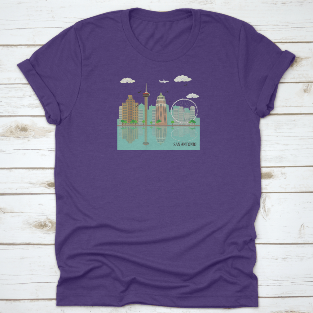 San Antonio City Skyline graphic design on a comfortable cotton T-shirt, showcasing famous landmarks.