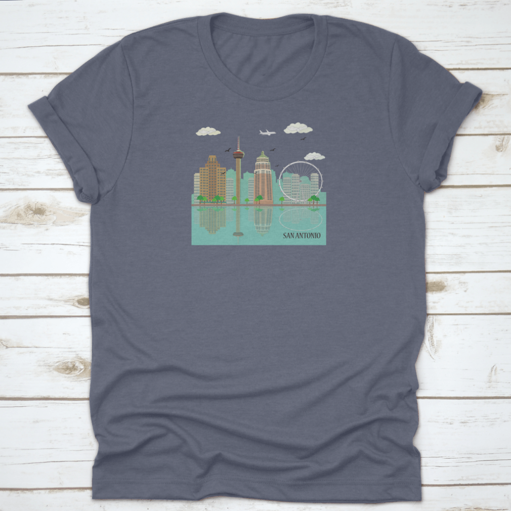 San Antonio City Skyline graphic design on a comfortable cotton T-shirt, showcasing famous landmarks.