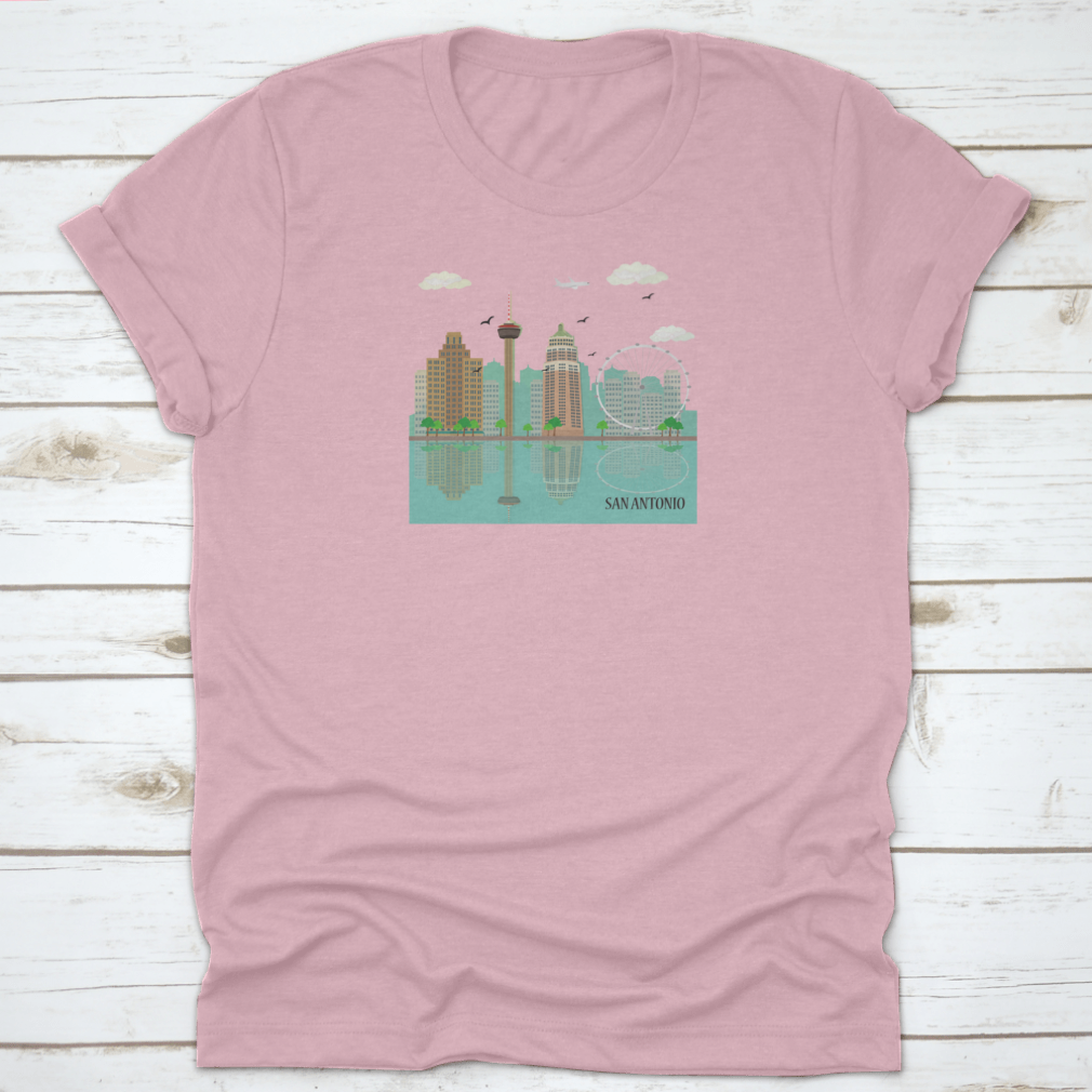 San Antonio City Skyline graphic design on a comfortable cotton T-shirt, showcasing famous landmarks.