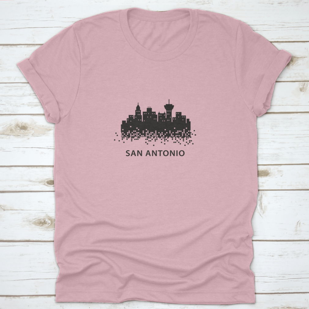 San Antonio Pixelated Black Landscape Graphic Design t-shirt featuring a unique artistic print on a comfortable cotton fabric.