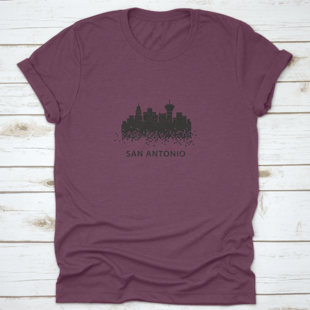 San Antonio Pixelated Black Landscape Graphic Design t-shirt featuring a unique artistic print on a comfortable cotton fabric.