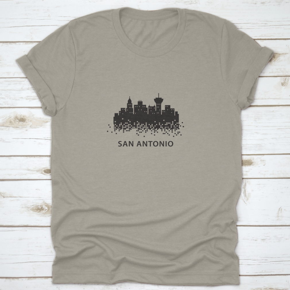 San Antonio Pixelated Black Landscape Graphic Design t-shirt featuring a unique artistic print on a comfortable cotton fabric.