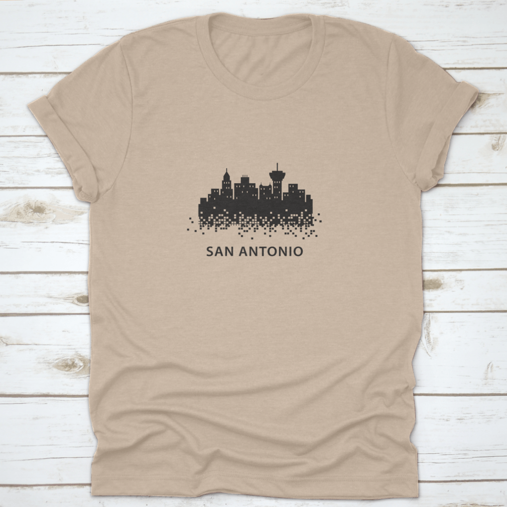 San Antonio Pixelated Black Landscape Graphic Design t-shirt featuring a unique artistic print on a comfortable cotton fabric.