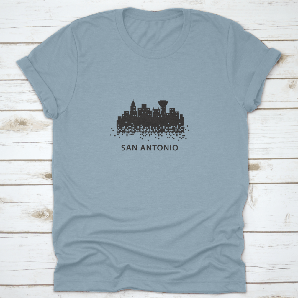 San Antonio Pixelated Black Landscape Graphic Design t-shirt featuring a unique artistic print on a comfortable cotton fabric.