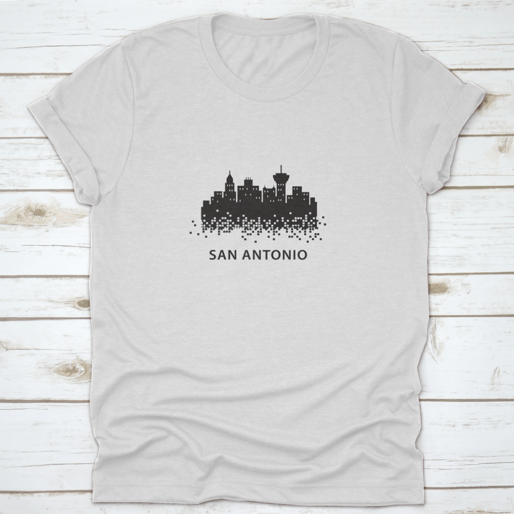 San Antonio Pixelated Black Landscape Graphic Design t-shirt featuring a unique artistic print on a comfortable cotton fabric.