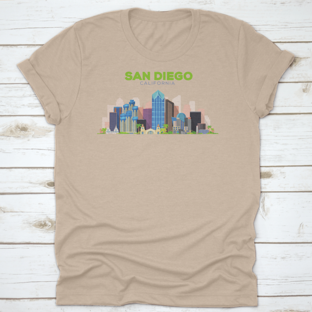 A stylish t-shirt featuring the San Diego California Beautiful Building Design, showcasing its vibrant colors and comfortable fit.