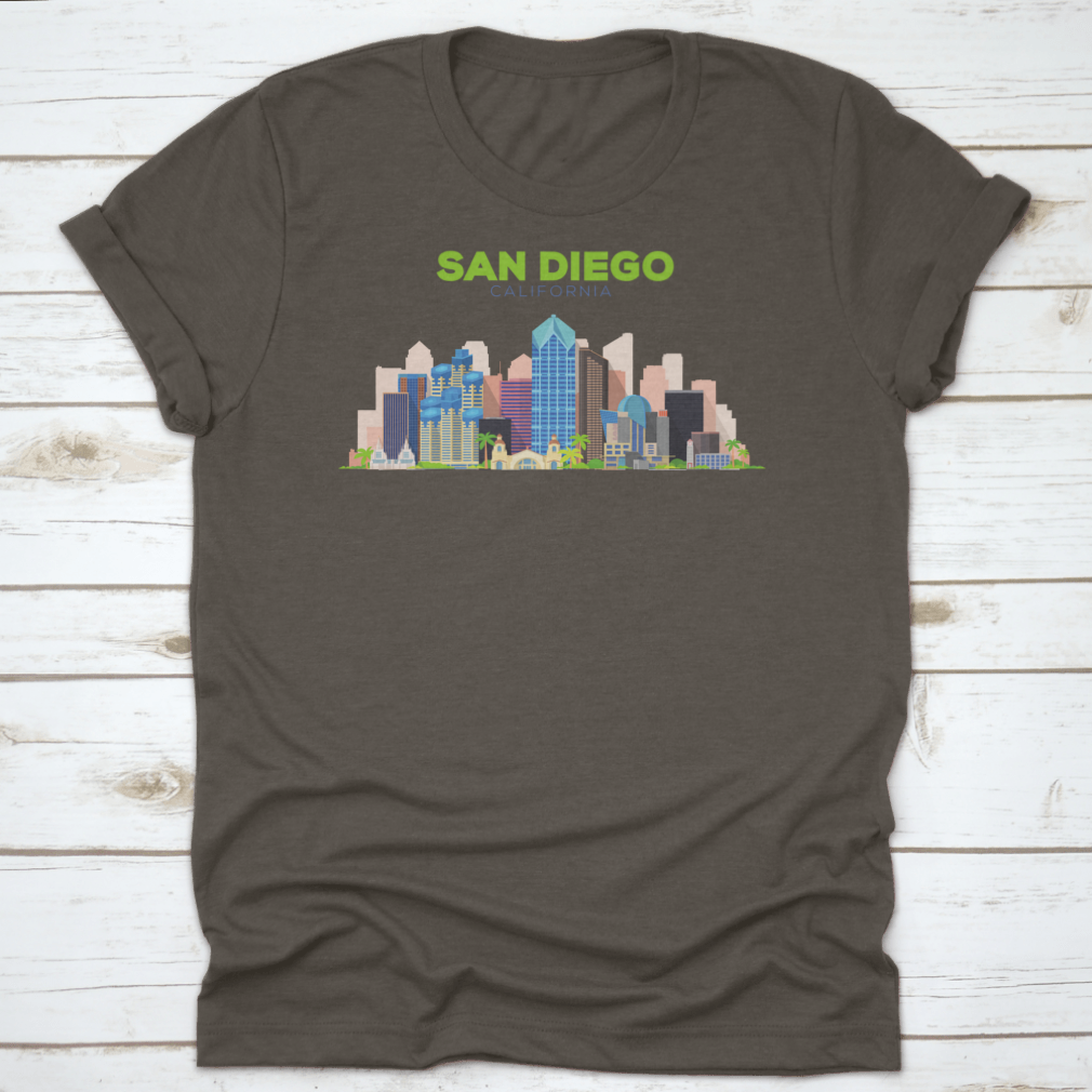 A stylish t-shirt featuring the San Diego California Beautiful Building Design, showcasing its vibrant colors and comfortable fit.