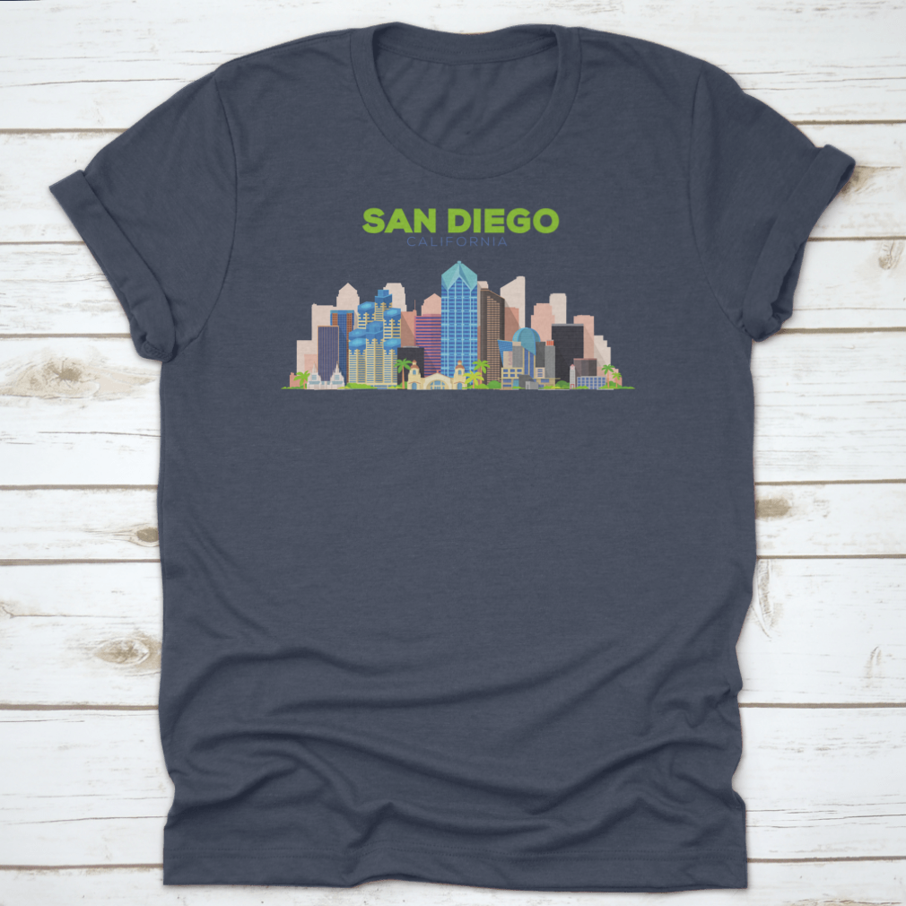 A stylish t-shirt featuring the San Diego California Beautiful Building Design, showcasing its vibrant colors and comfortable fit.