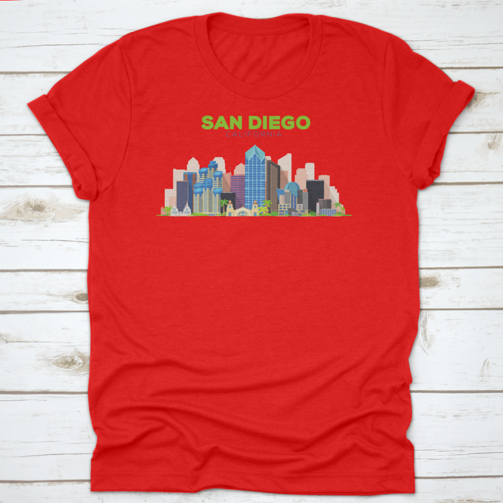 A stylish t-shirt featuring the San Diego California Beautiful Building Design, showcasing its vibrant colors and comfortable fit.