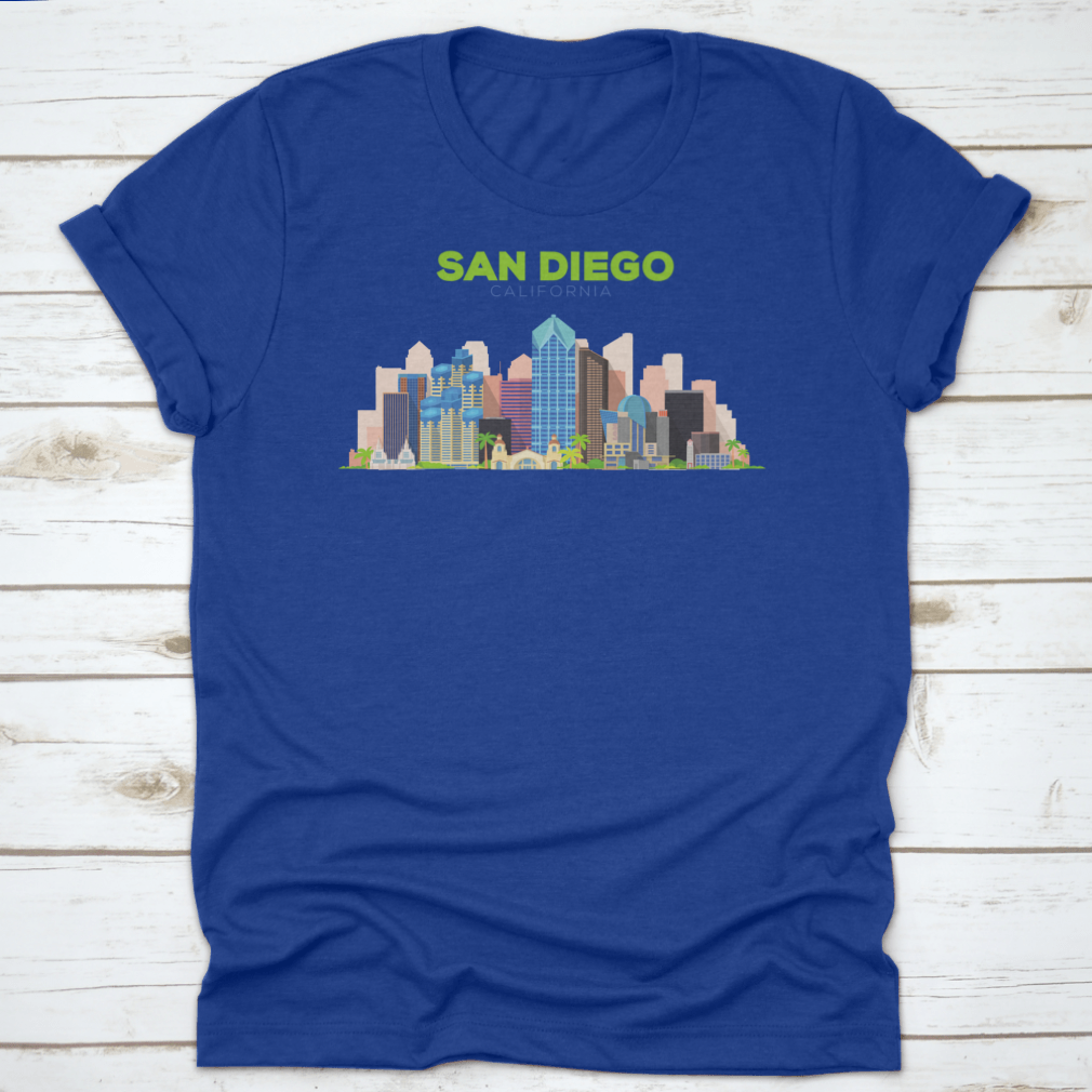 A stylish t-shirt featuring the San Diego California Beautiful Building Design, showcasing its vibrant colors and comfortable fit.