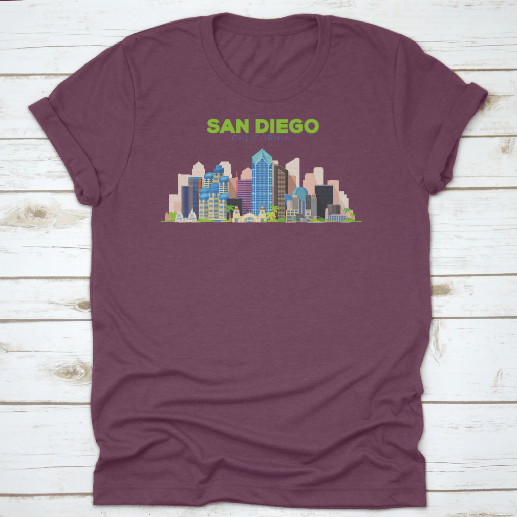 A stylish t-shirt featuring the San Diego California Beautiful Building Design, showcasing its vibrant colors and comfortable fit.