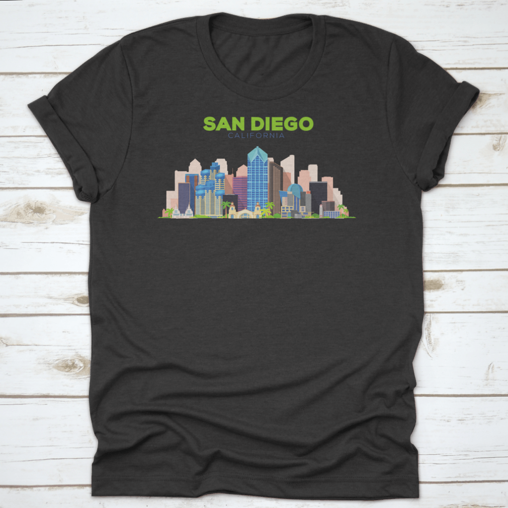 A stylish t-shirt featuring the San Diego California Beautiful Building Design, showcasing its vibrant colors and comfortable fit.